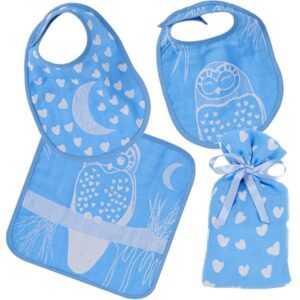 image of organic muslin cotton gift set comprising two bibs and one wash cloth in a gift bag of the same fabric in blue owl design