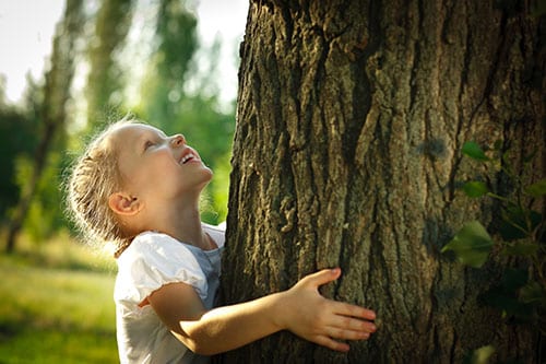 our philosophy is represented by an image Little girl hugging a tree, looking up