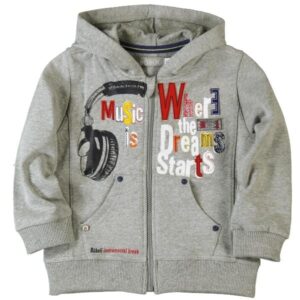 image of grey hooded jacket with graphic print words music is where the dreams starts on the front
