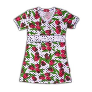 image of girls kimono style dress with red tulip flowers with green stems and black dots on a white stretch cotton fabric