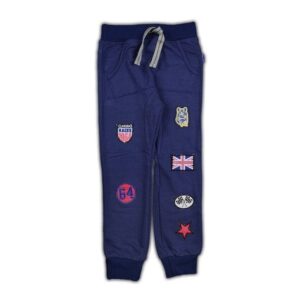 image of boys navy track pants with embroidered badges of car racing flags, car cumber, union jack, and dog down the front of each leg