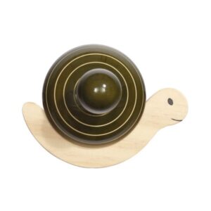 image of carved sustainable rubber wood hook in the shape of a snail in natural finish with brown paint applied to the shell of the snail